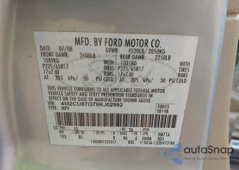 2009 Mercury Mariner Premier V6 from USA, damaged, VIN 4M2CU87G79KJ02992